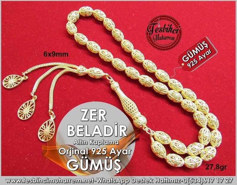 Orjinal 925 Ayar Altın Kaplama Gümüş Tesbih Zer Beladir 