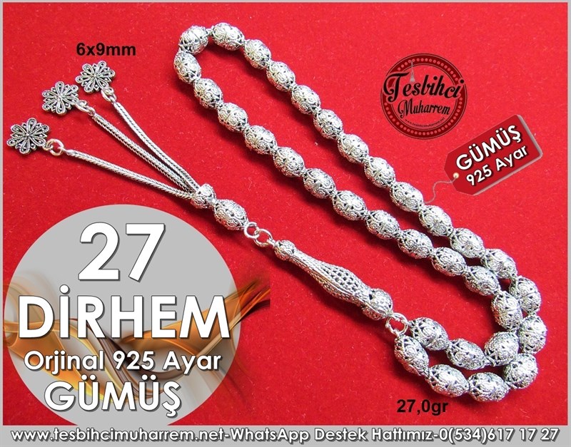 Orjinal 925 Ayar Özel Tasarım Gümüş Tesbih 27 Dirhem 