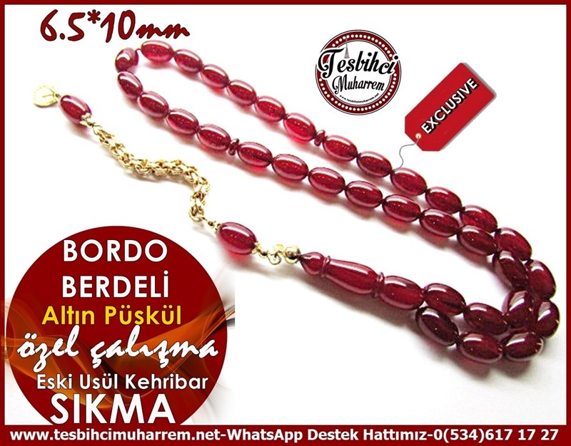 Orjinal Altın Püskül Çalışma Eski Usül Sıkma Kehribar Tesbih Bordo Bereli