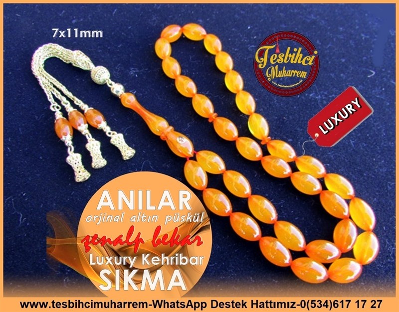 Orjinal Altın Püsküllü Beyzi Kesim Kayısı Sıkma Kehribar Tesbih Anılar