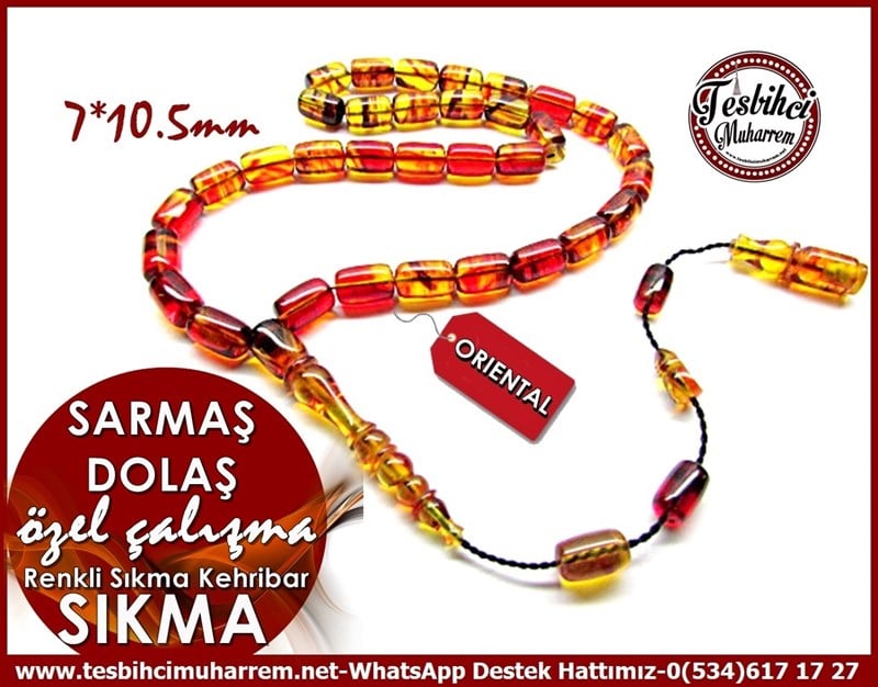 Orjinal Çalışma Renkli Sıkma Kehribar Tesbih Sarmaş Dolaş