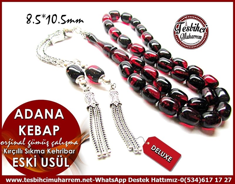 Orjinal Gümüş Çalışma Kırçıllı Eski Usül Sıkma Kehribar Tesbih Adana Kebap
