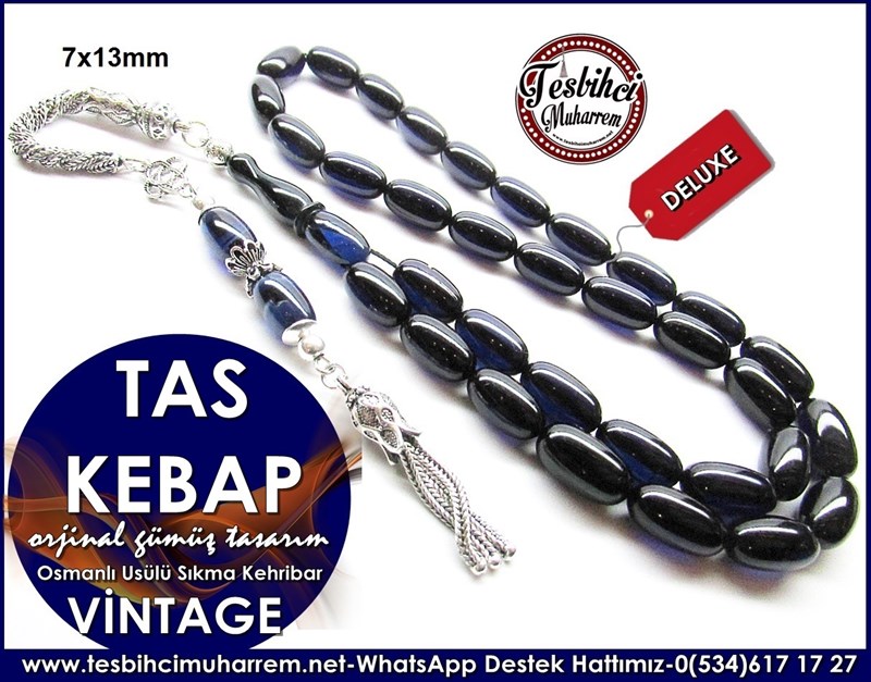 Orjinal Gümüş Püskül Osmanlı Usülü Vintage Sıkma Kehribar Tesbih Tas Kebap