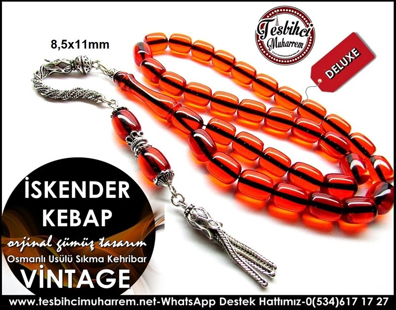 Orjinal Gümüş Püskül Osmanlı Usülü Vintage Sıkma Kehribar Tesbih İskender Kebap