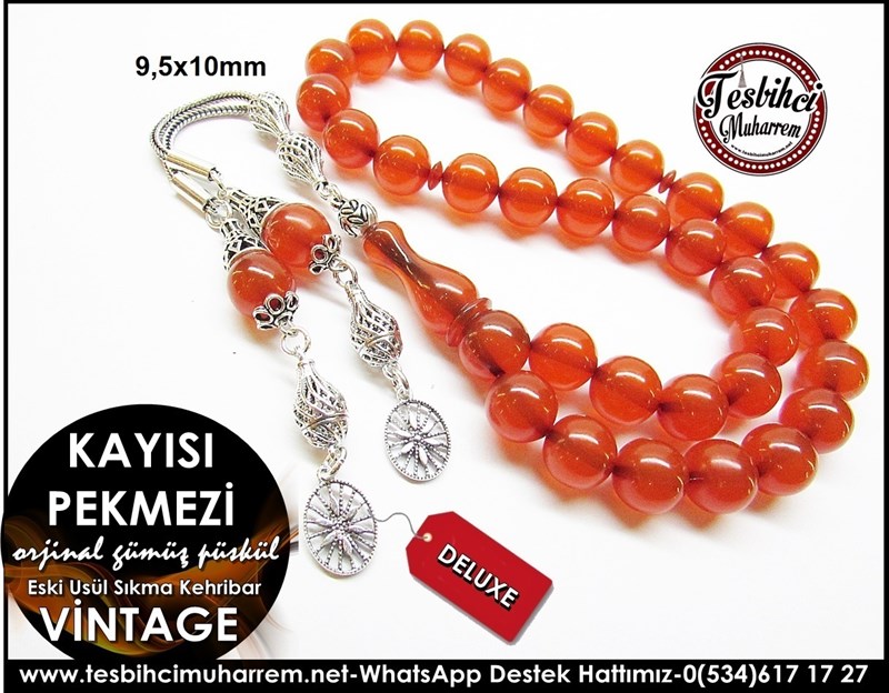 Orjinal Gümüş Püsküllü Miskevi Eski Usül Sıkma Kehribar Tesbih Kayısı Pekmezi