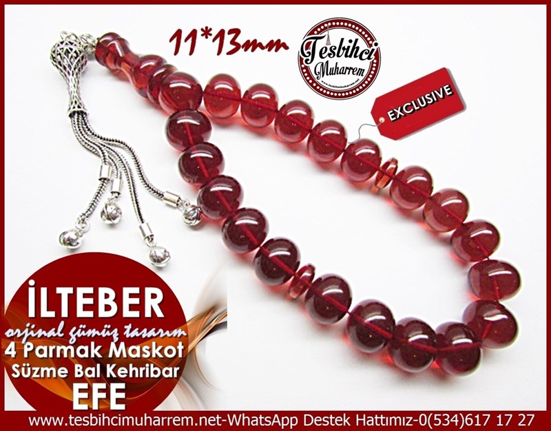 Orjinal Gümüş Tasarım 4 parmak Efe Maskot Kehribar Ateş Tesbih İlteber