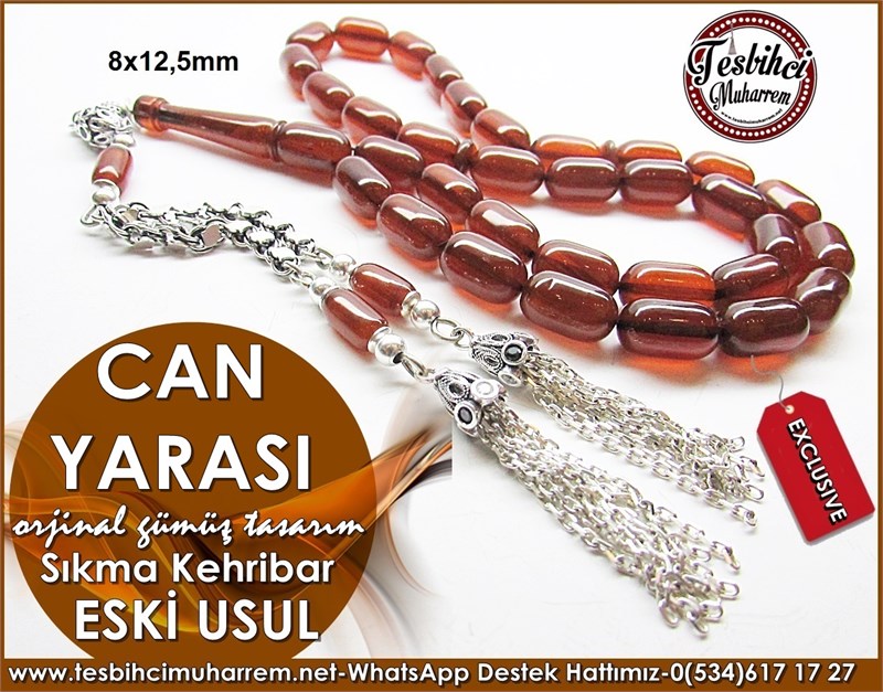 Orjinal Gümüş Tasarım Eski Usül Sıkma Kehribar Tesbih Can Yarası