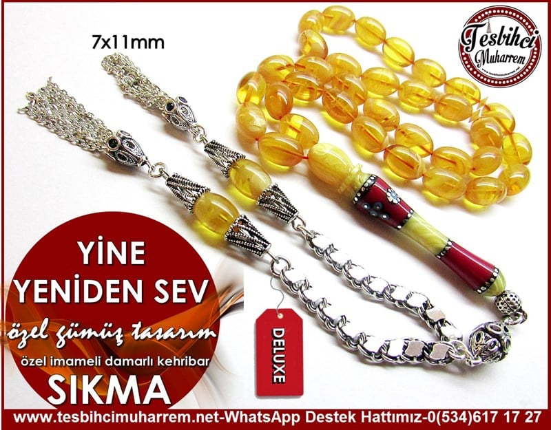 Orjinal Gümüş Tasarım Özel İmameli Damarlı Sıkma Kehribar Tesbih Yine Yeniden Sev