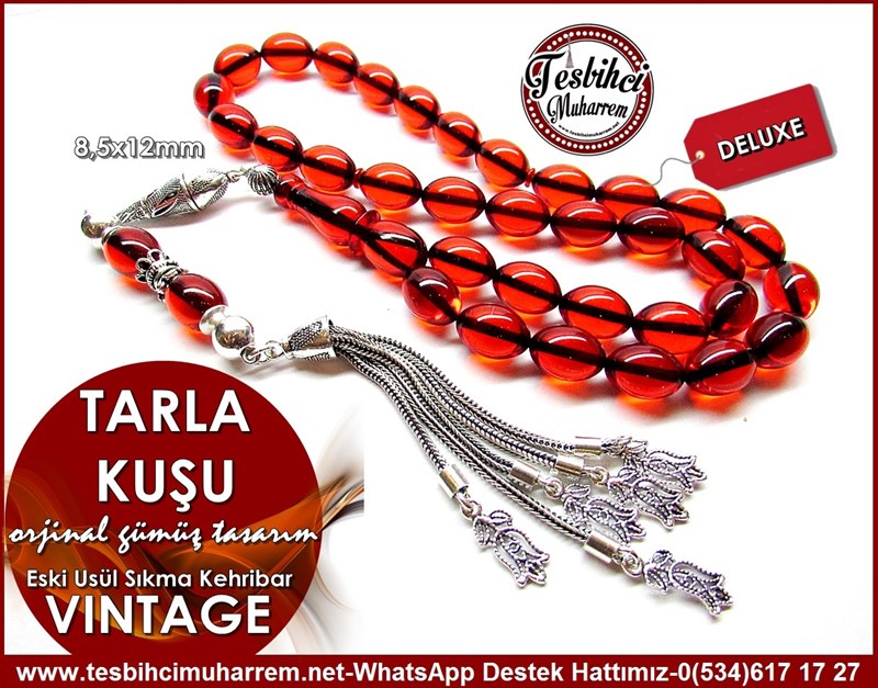 Orjinal Gümüş Tasarım Vintage Eski Usül Sıkma Kehribar Tesbih Tarla Kuşu