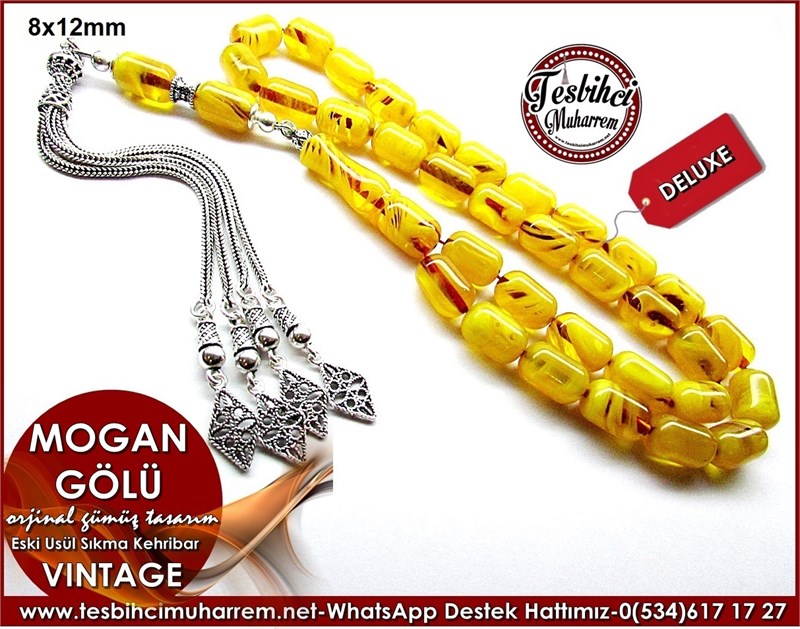 Orjinal Gümüş Tasarım Vintage Sıkma Kehribar Tesbih Moğan Gölü