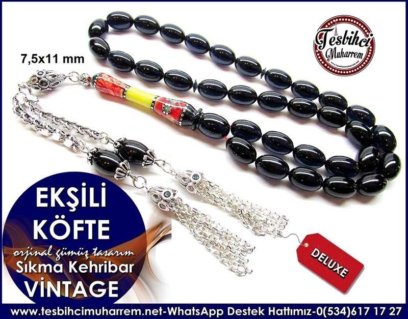 Orjinal Gümüş Tasarım Vintage Sıkma Kehribar Tesbih Ekşili Köfte 
