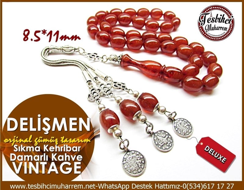 Orjinal Gümüş Tasarım Vintage Sıkma Kehribar Tesbih Delişmen