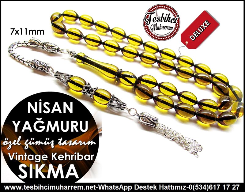 Orjinal Gümüş Tasarım Vintage Sıkma Kehribar Tesbih Nisan Yağmuru