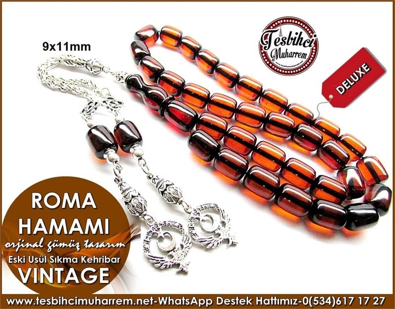 Orjinal Gümüş Tasarım Vintage Sıkma Kehribar Tesbih Roma Hamamı