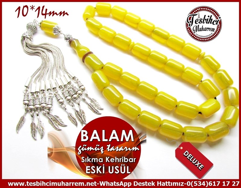 Orjinal Gümüş Tasarım Vintage Uzun Sıkma Kehribar Tesbih Balam