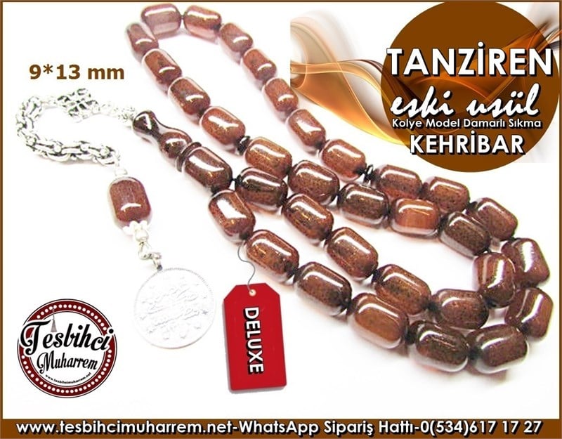 Osmanlı Tonda Eski Usül Sıkma Kehribar Tesbih 9*13 mm Tanziren