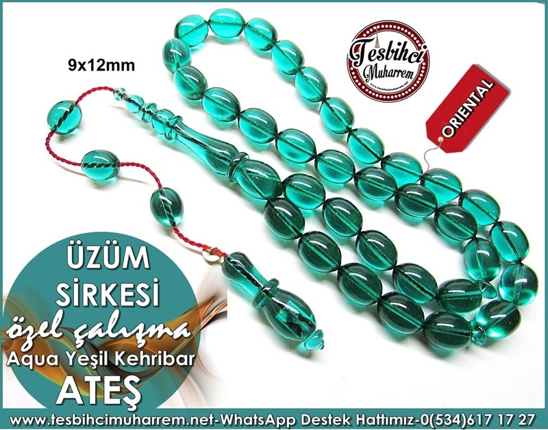 Özel Çalışma Aqua Yeşil Beyzi Model Ateş Kehribar Tesbih Üzüm Sirkesi