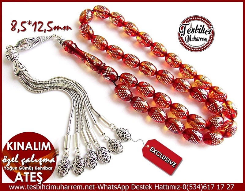 Özel Çalışma Gümüş Kakma Erzurum İşi Ateş Kehribar Tesbih Kınalım 