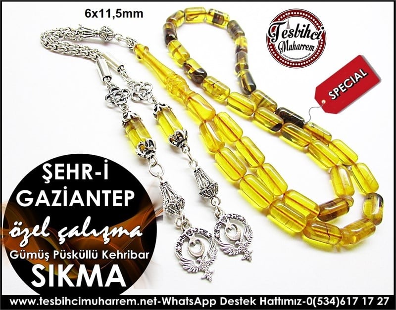 Özel Çalışma Gümüş Püsküllü Kehribar Tesbih Şehr-i Gaziantep