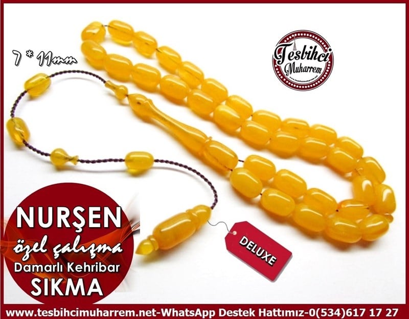 Özel Çalışma Kapsül Kesim Damarlı Sarı Sıkma Kehribar Tesbih Nurşen