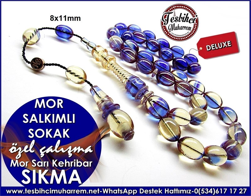 Özel Çalışma Mor Sarı Sıkma Kehribar Tesbih Mor Salkımlı Sokak