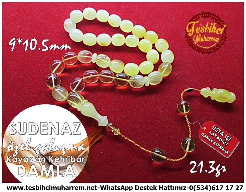 Özel Çalışma Naturel Kayadan Süzme Damla Kehribar Tesbih Sudenaz