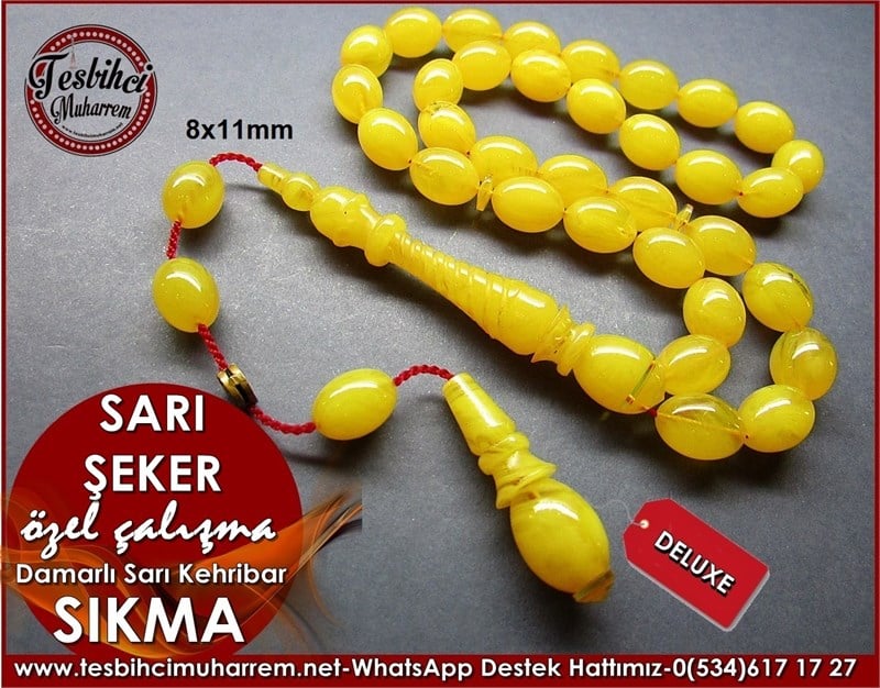 Özel Çalışma Sarı Damarlı Sıkma Kehribar Tesbih Sarı Şeker 