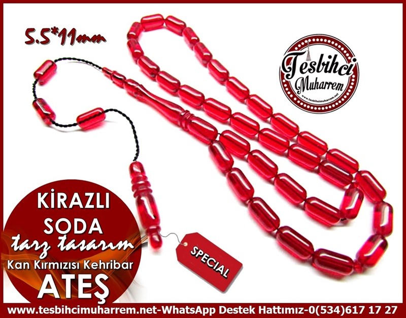 Özel Çalışma Tarz Tasarım İnce Kapsül Ebruli Ateş Kehribar Tesbih Kirazlı Soda