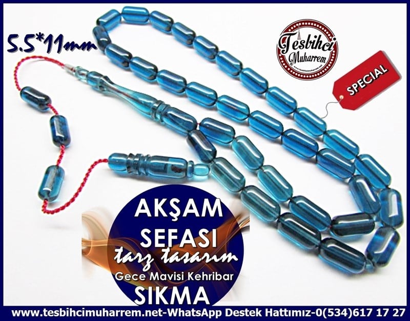 Özel Çalışma Tarz Tasarım İnce Kapsül Mavi Sıkma Kehribar Tesbih Akşam Sefası 