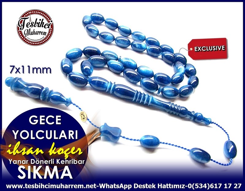 Özel Çalışma Yanar Dönerli Mavi Sıkma Kehribar Tesbih Gece Yolcuları