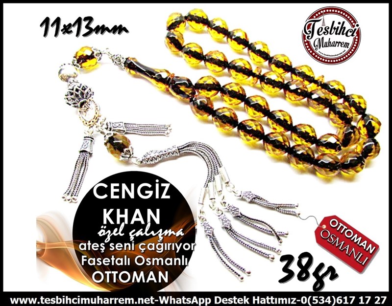 Özel Gümüş Çalışma Fasetalı Eski Osmanlı Ateş Kehribar Tesbih Cengiz Khan