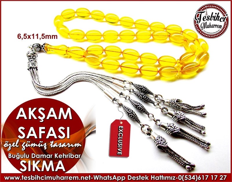 Özel Gümüş Tasarım Buğu Damar Sıkma Kehribar Tesbih Akşam Safası 