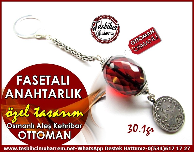 Özel Gümüş Tasarım Çaysak Osmanlı Ateş Kehribar Anahtarlık Fasetalı