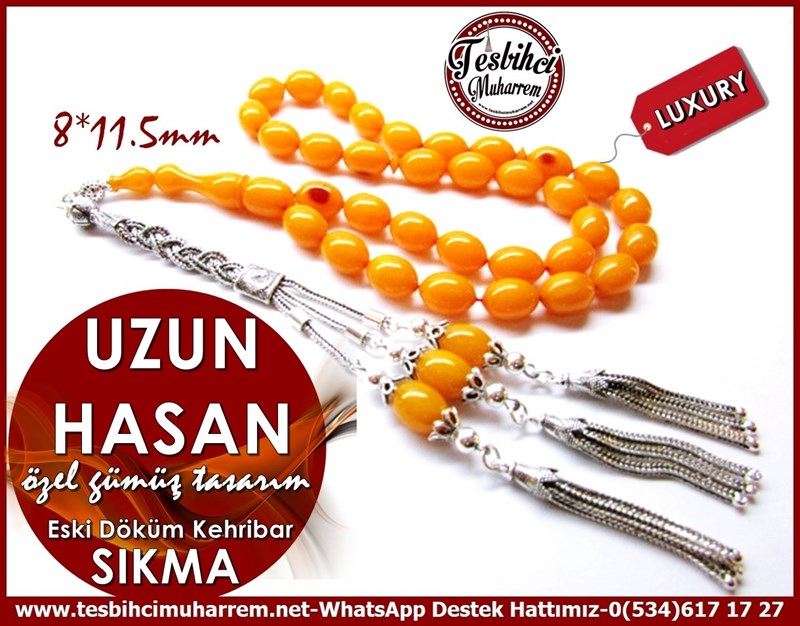 Özel Gümüş Tasarım Eski Döküm Sıkma Kehribar Tesbih Uzun Hasan