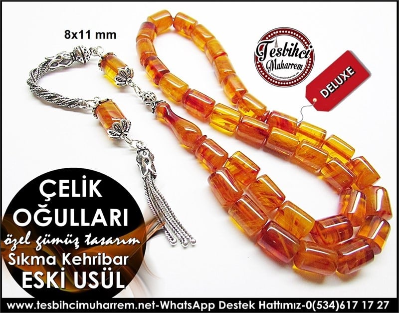 Özel Gümüş Tasarım Eski Usül Sıkma Kehribar Tesbih Çelikoğulları