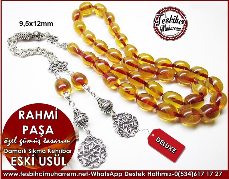 Özel Gümüş Tasarım Eski Usül Sıkma Kehribar Tesbih Rahmi Paşa 