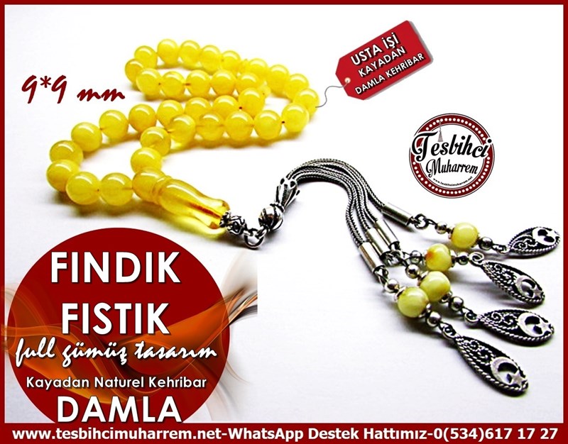 Özel Gümüş Tasarım Kayadan Yuvarlak Damla Kehribar Tesbih Fındık Fıstık