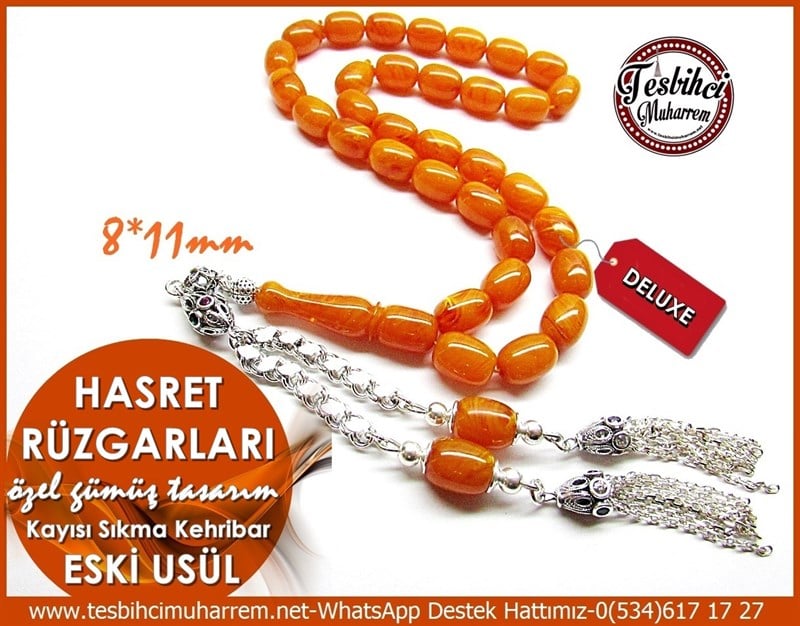 Özel Gümüş Tasarım Kayısı Sıkma Kehribar Tesbih Hasret Rüzgarları 