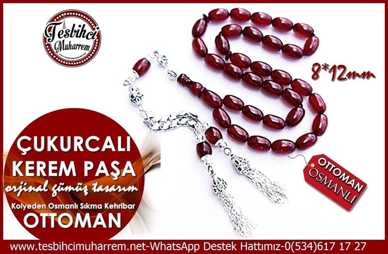 Özel Gümüş Tasarım Kolyeden Osmanlı Sıkma Kehribar Tesbih Çukurcalı Kerem Paşa 