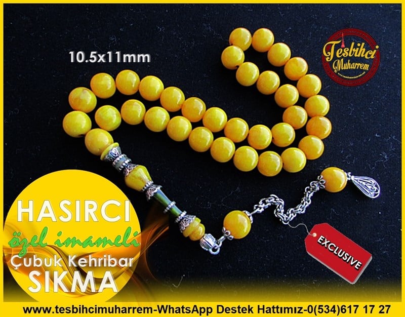 Özel İmame Gümüş Tasarım Küre Kesim Sarı Sıkma Kehribar Tesbih Hasırcı 