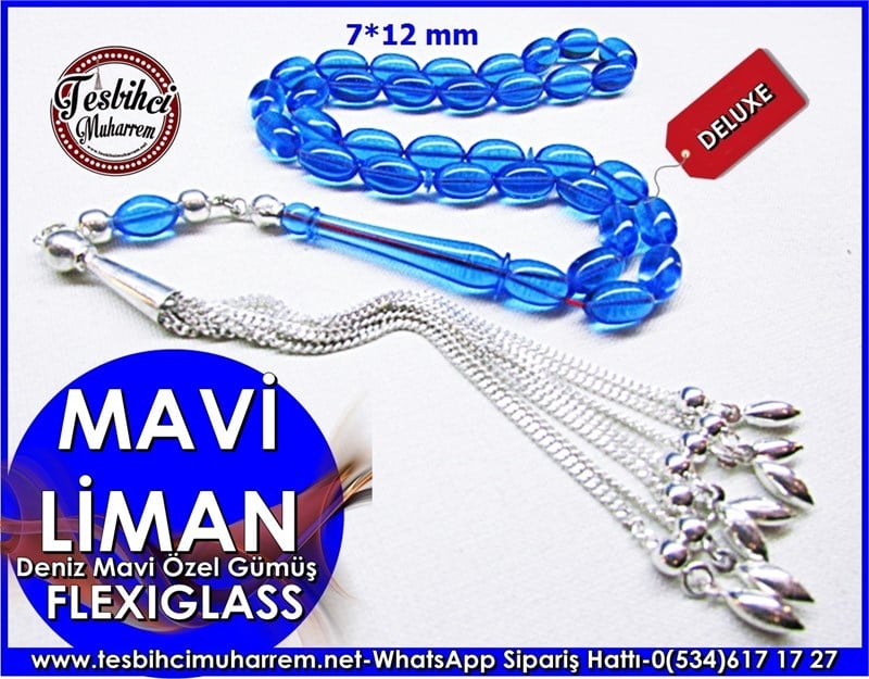 Özel İpek Püskül Flexiglass Tesbih 7*12 mm Mavi Liman
