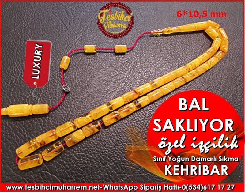 Özel İşçilik Ballı Sıkma Kehribar Tesbih 6*10,5 mm Bal Saklıyor