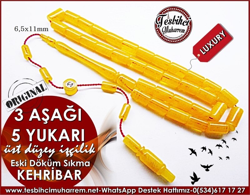 Özel İşçilik Eski Döküm Kesme Sıkma Kehribar Tesbih 3 Aşağı 5 Yukarı