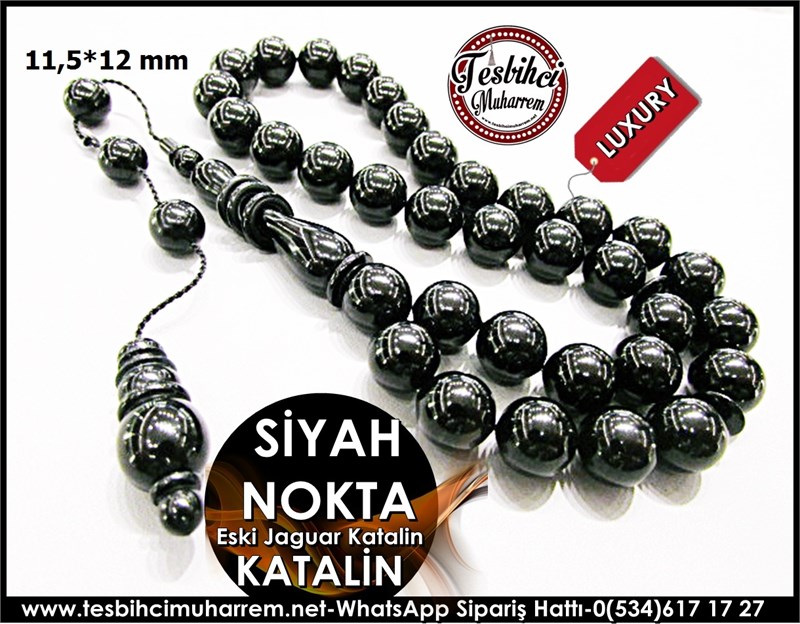 Özel İşçilik Eski Jaguar Katalin Tesbih 11,5*12 mm Siyah Nokta