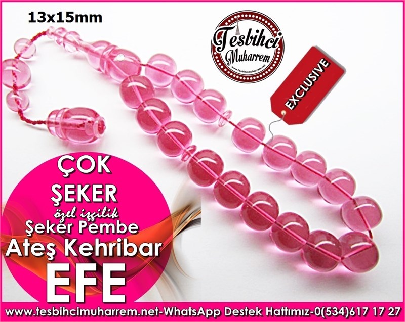 Özel İşçilik Pembe Ateş Kehribar Tesbih Efe Çok Şeker