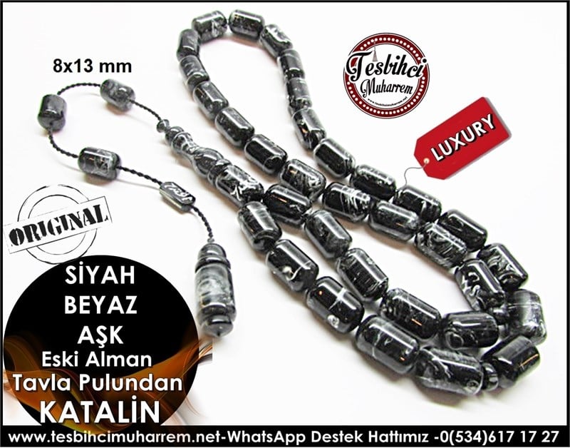 Özel İşçilik Tavla Pulundan Eski Alman Katalin Tesbih Siyah Beyaz Aşk 