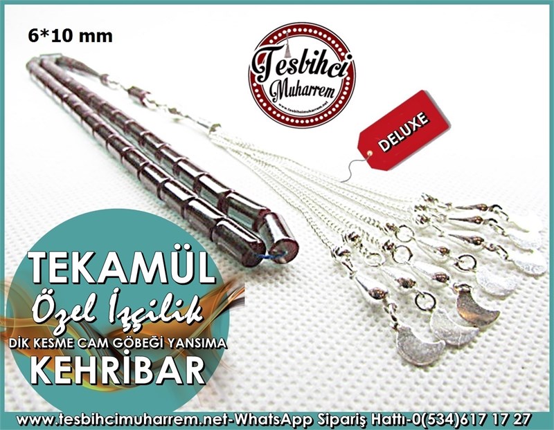 Özel İşçilikli Dik Kesme Ateş Kehribar Tesbih 6*10 mm Tekamül 