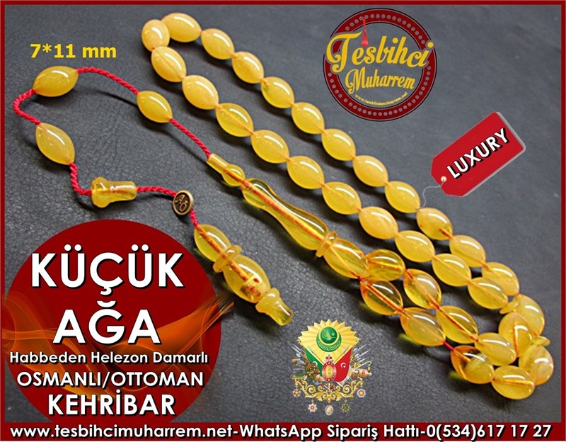 Özel İşçilikli Osmanlı Sıkma Kehribar Tesbih 7*11 mm Küçük Ağa