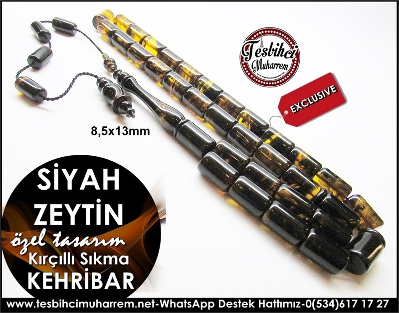 Özel Tasarım Kırçıllı Sıkma Kehribar Tesbih Siyah Zeytin