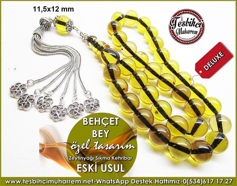 Özel Tasarım Miskevi Eski Usül Sıkma Kehribar Tesbih Behçet Bey